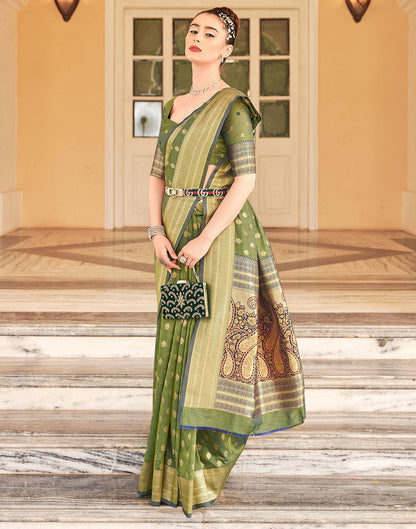 Olive Green Silk Banarasi Saree | Leemboodi