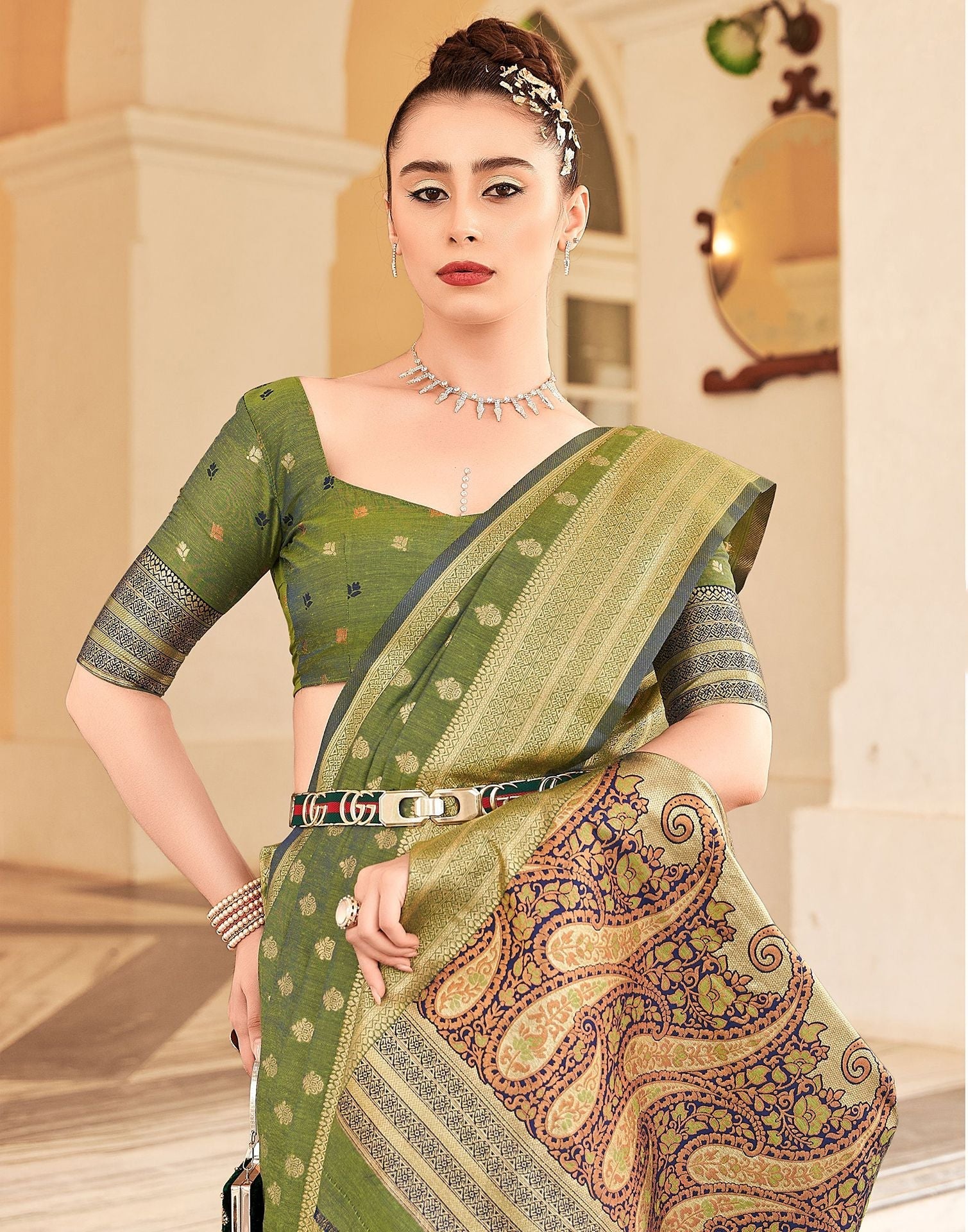 Olive Green Silk Banarasi Saree | Leemboodi