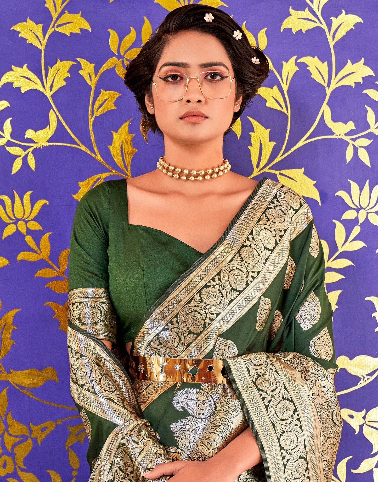 Dark Green Silk Banarasi Saree | Leemboodi