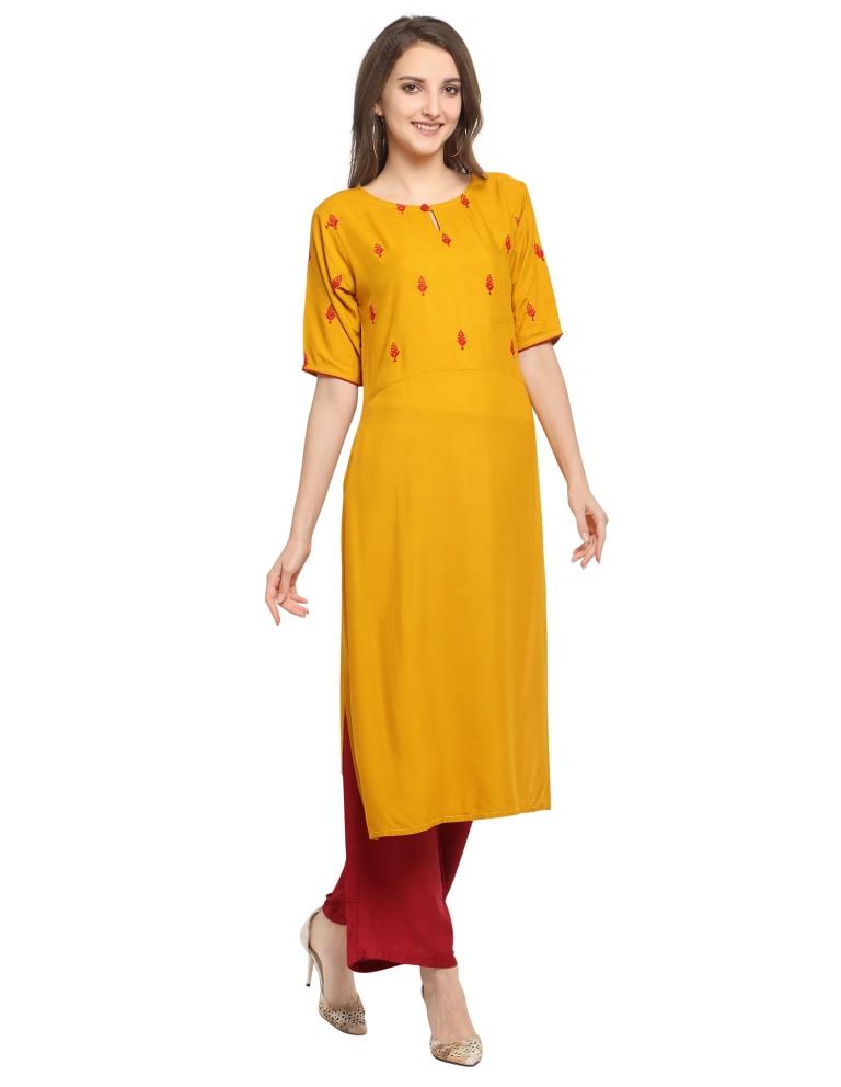 Mustard Yellow Embroidered Rayon Kurti | Leemboodi