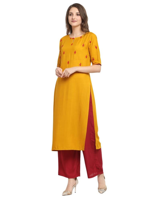 Mustard Yellow Embroidered Rayon Kurti | Leemboodi