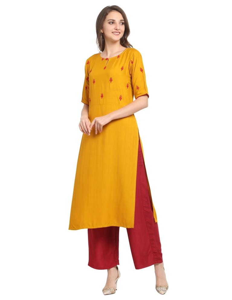 Mustard Yellow Embroidered Rayon Kurti | Leemboodi