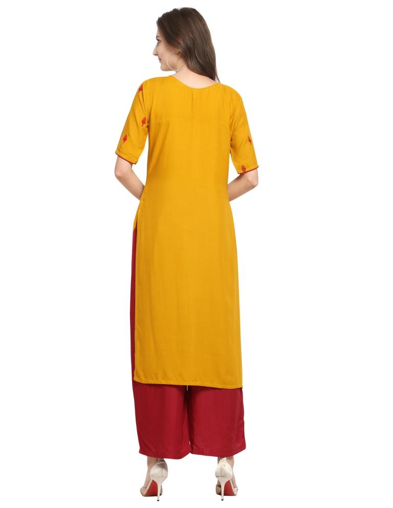 Mustard Yellow Embroidered Rayon Kurti | Leemboodi