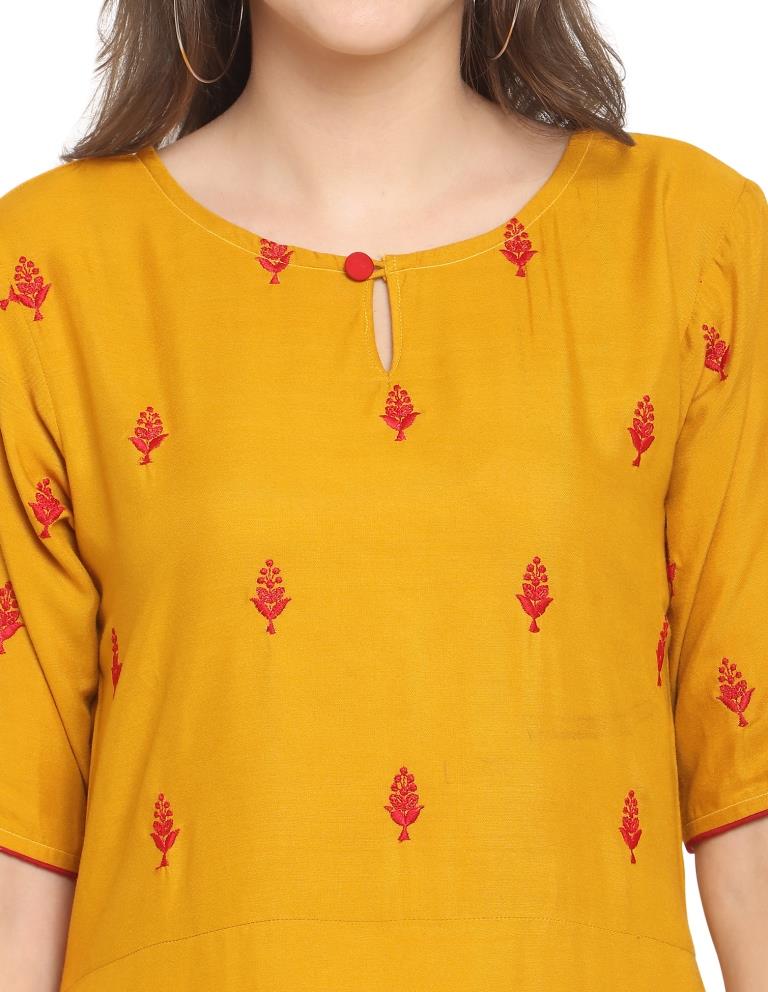 Mustard Yellow Embroidered Rayon Kurti | Leemboodi