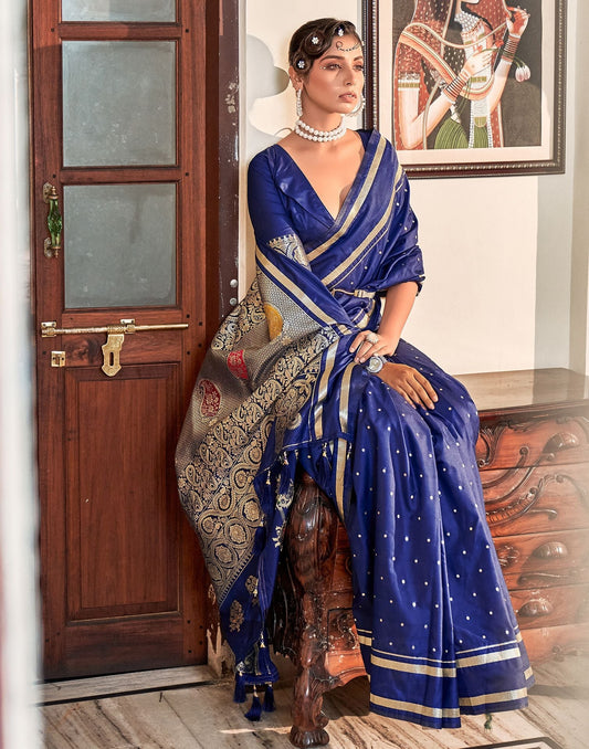 Navy Blue Silk Banarasi Saree | Leemboodi