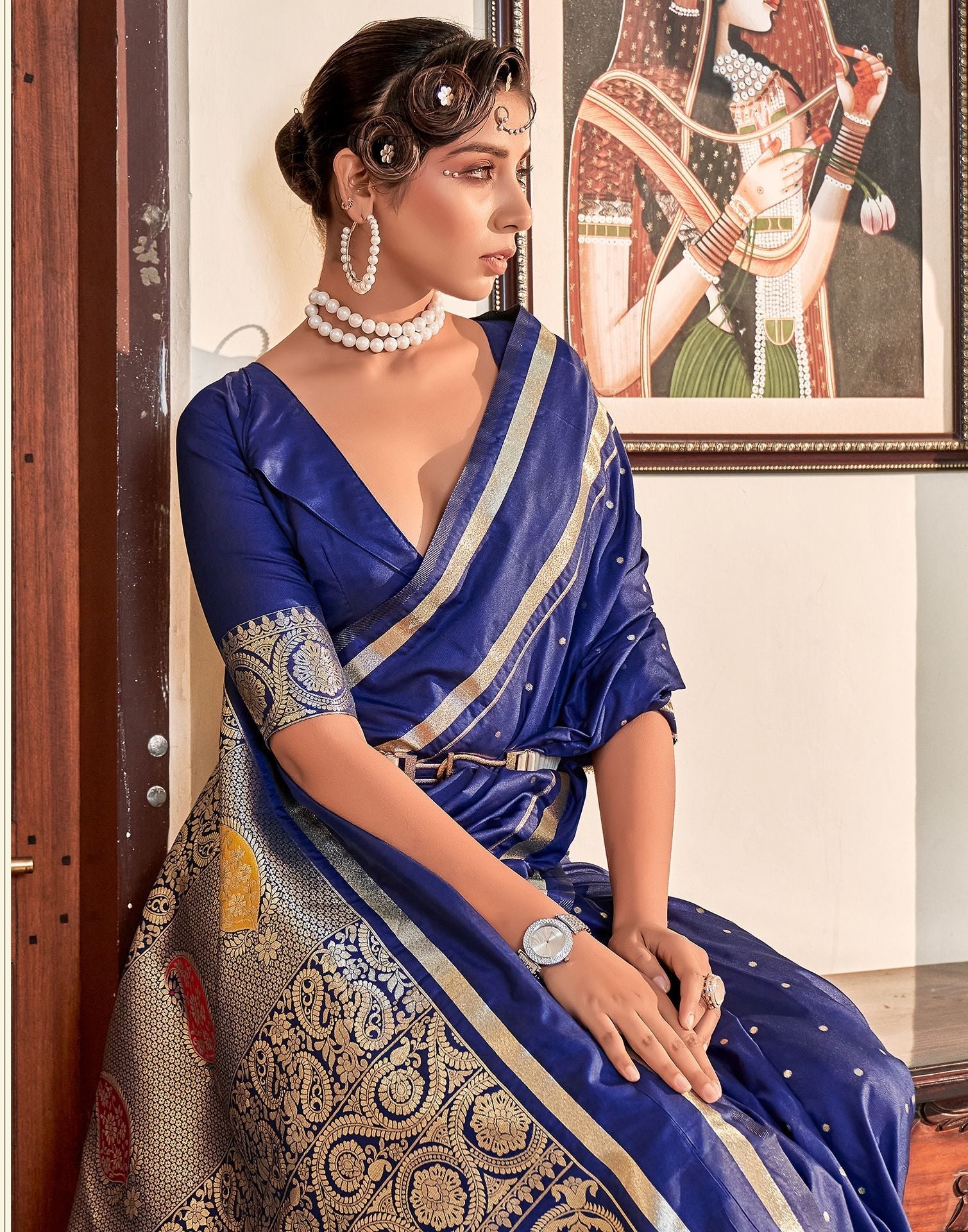 Navy Blue Silk Banarasi Saree | Leemboodi
