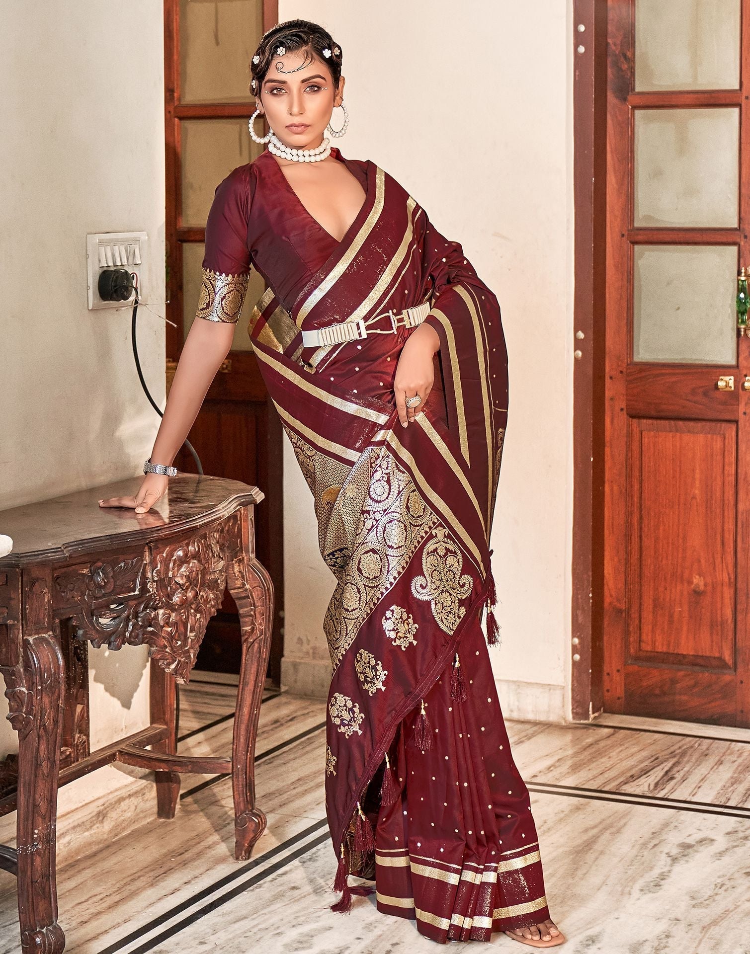 Maroon Silk Banarasi Saree | Leemboodi