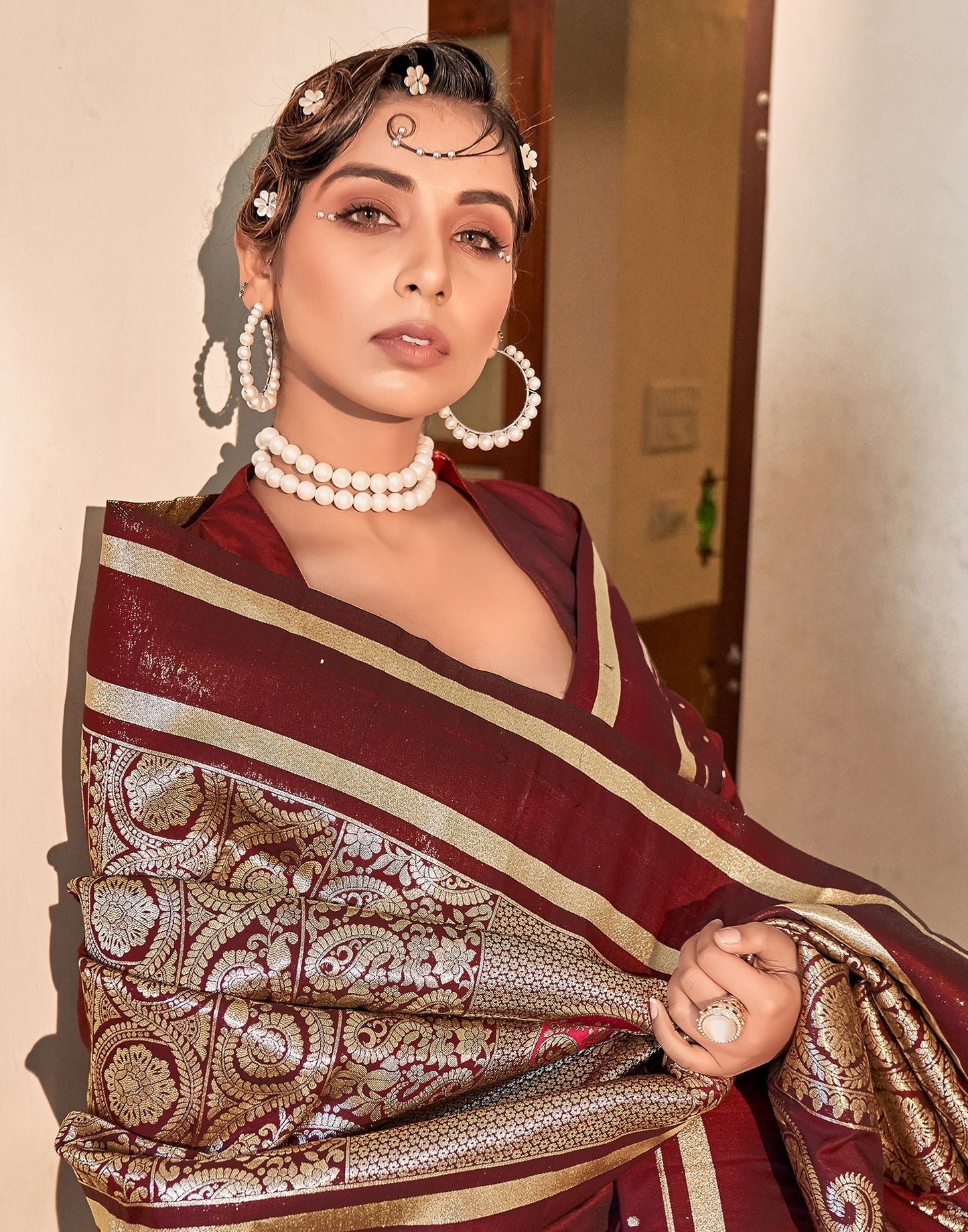 Maroon Silk Banarasi Saree | Leemboodi