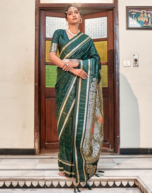 Dark Green Silk Banarasi Saree | Leemboodi