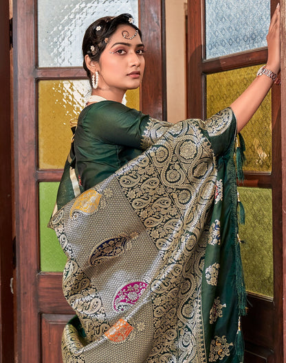 Dark Green Silk Banarasi Saree | Leemboodi
