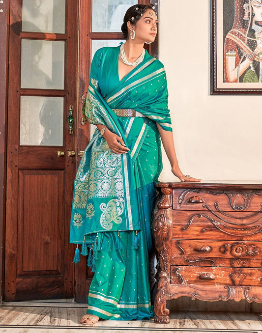 Turquoise Silk Banarasi Saree | Leemboodi
