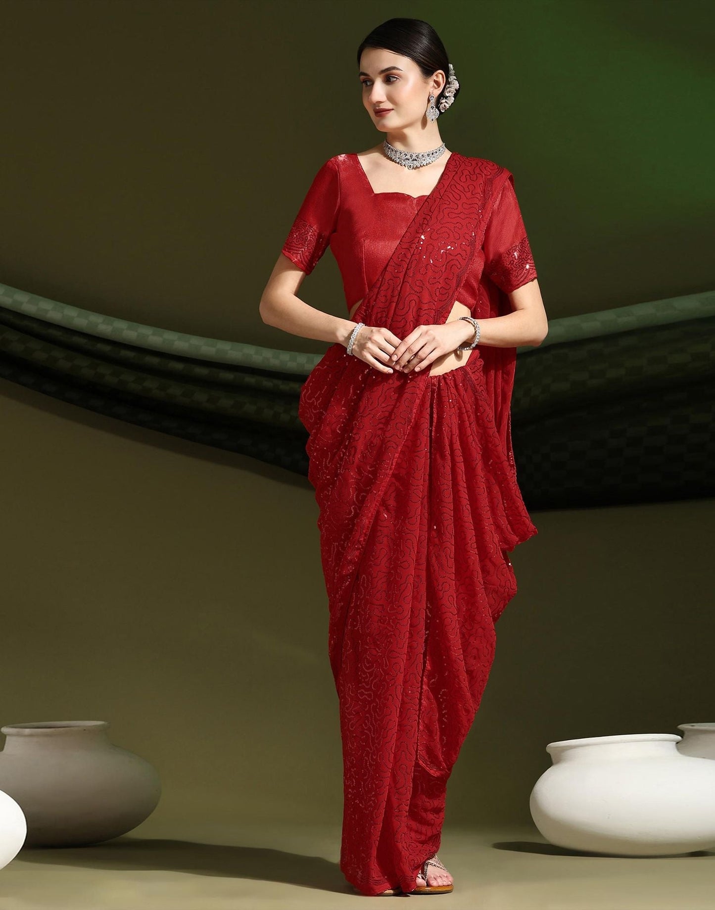 Red Sequence Saree | Sudathi