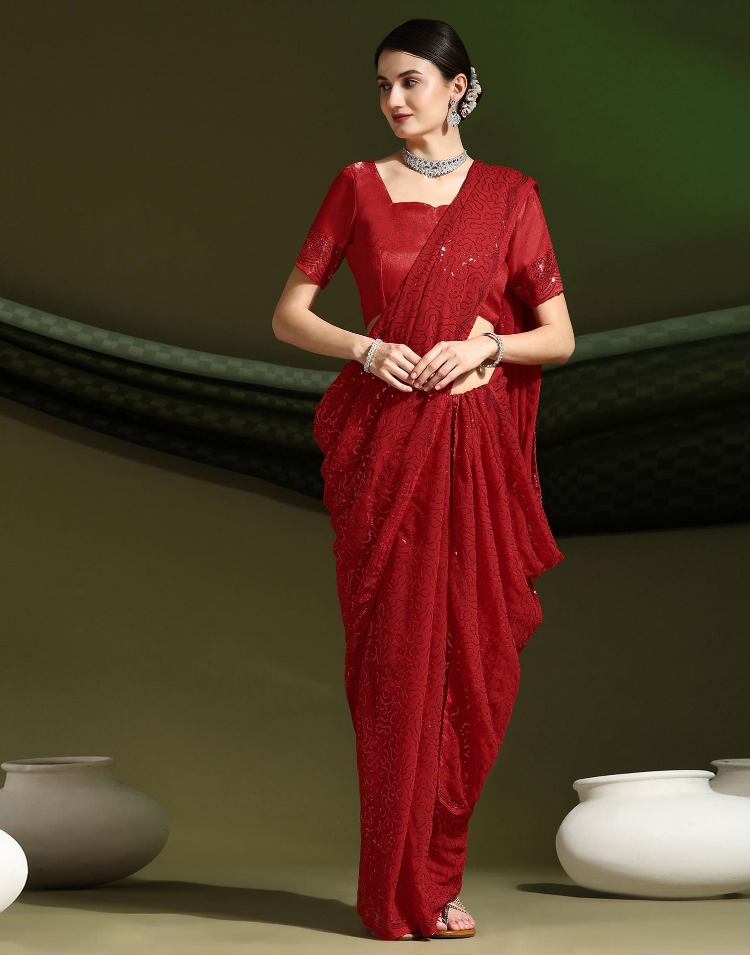 Red Sequence Saree | Sudathi