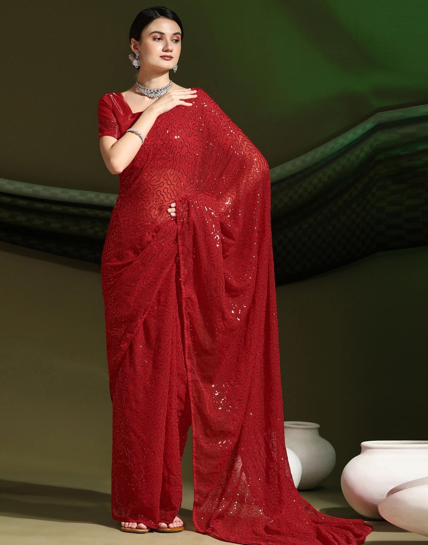 Red Sequence Saree | Sudathi