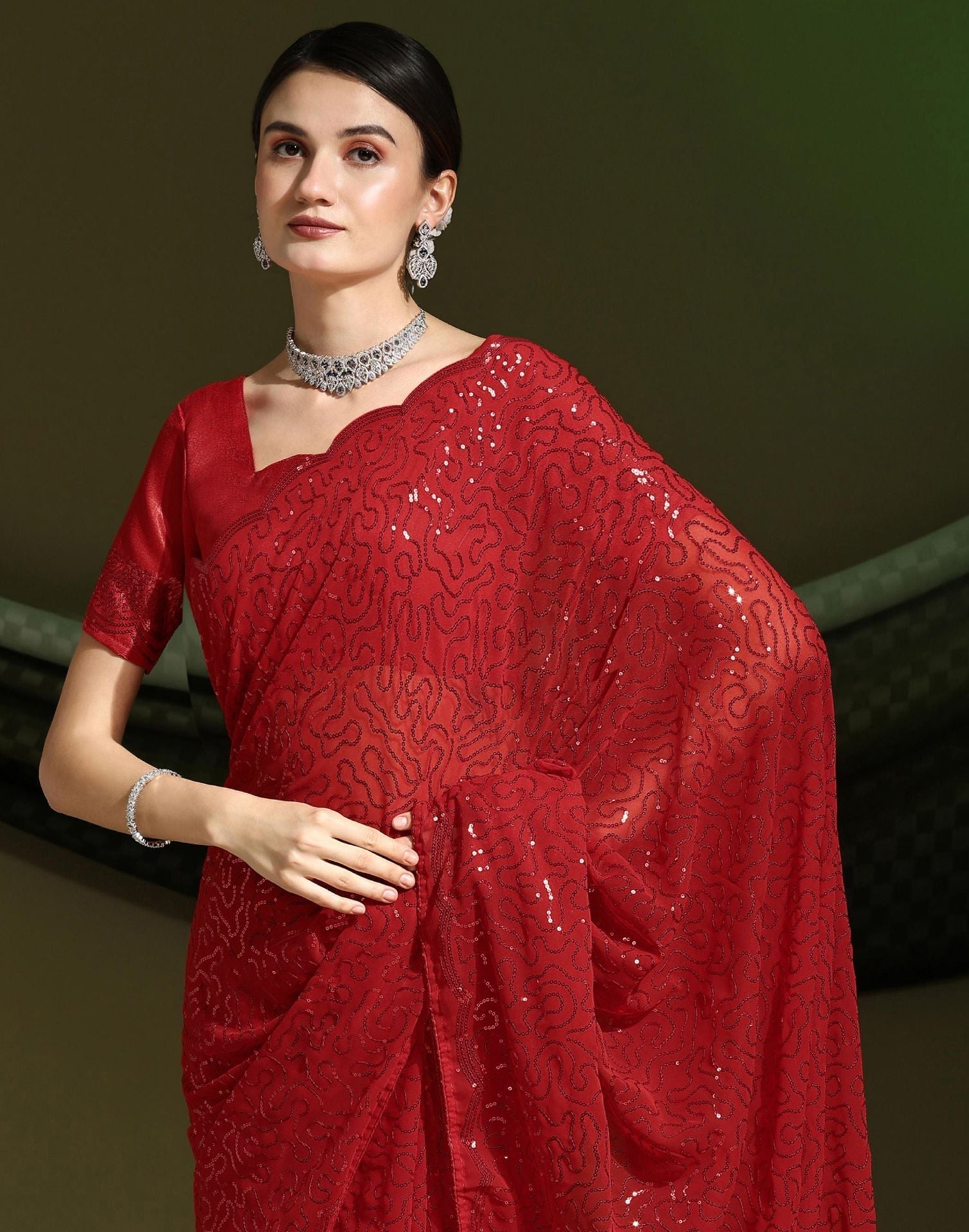 Red Sequence Saree | Sudathi