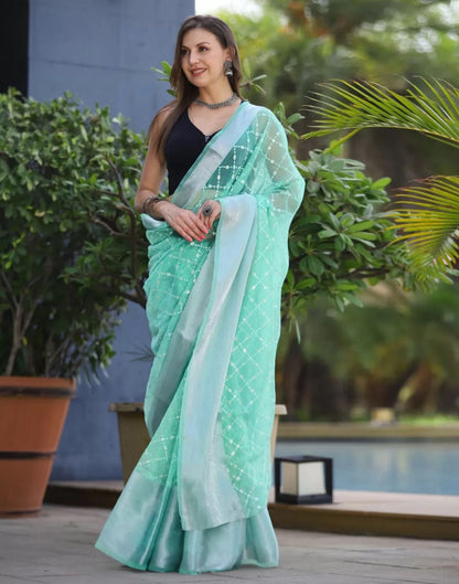 Turquoise Organza Sequence Saree | Leemboodi