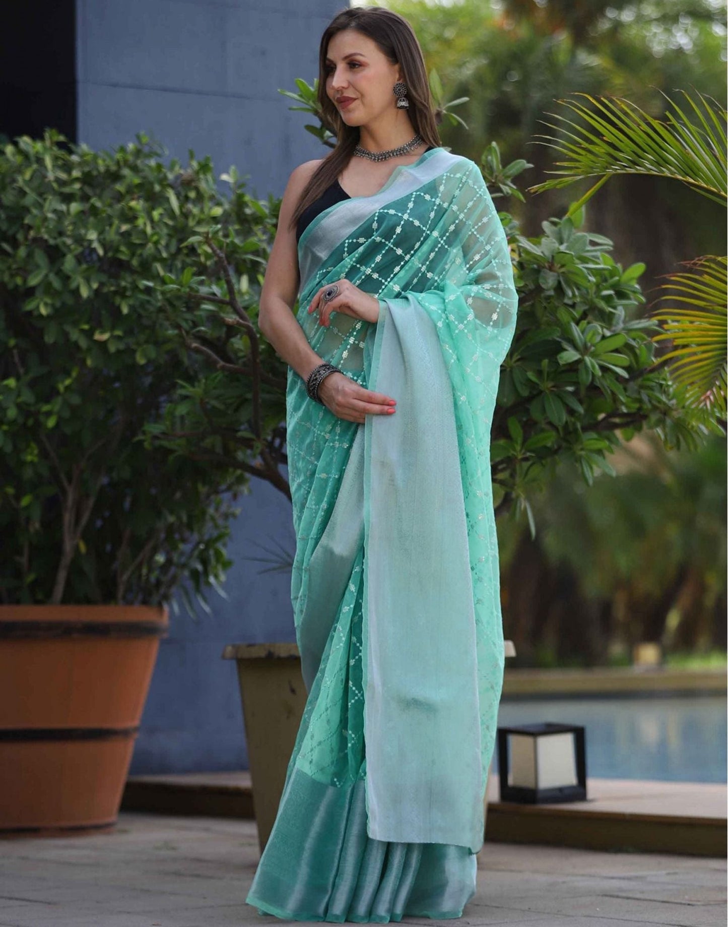 Turquoise Organza Sequence Saree | Leemboodi