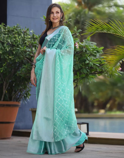 Turquoise Organza Sequence Saree | Leemboodi