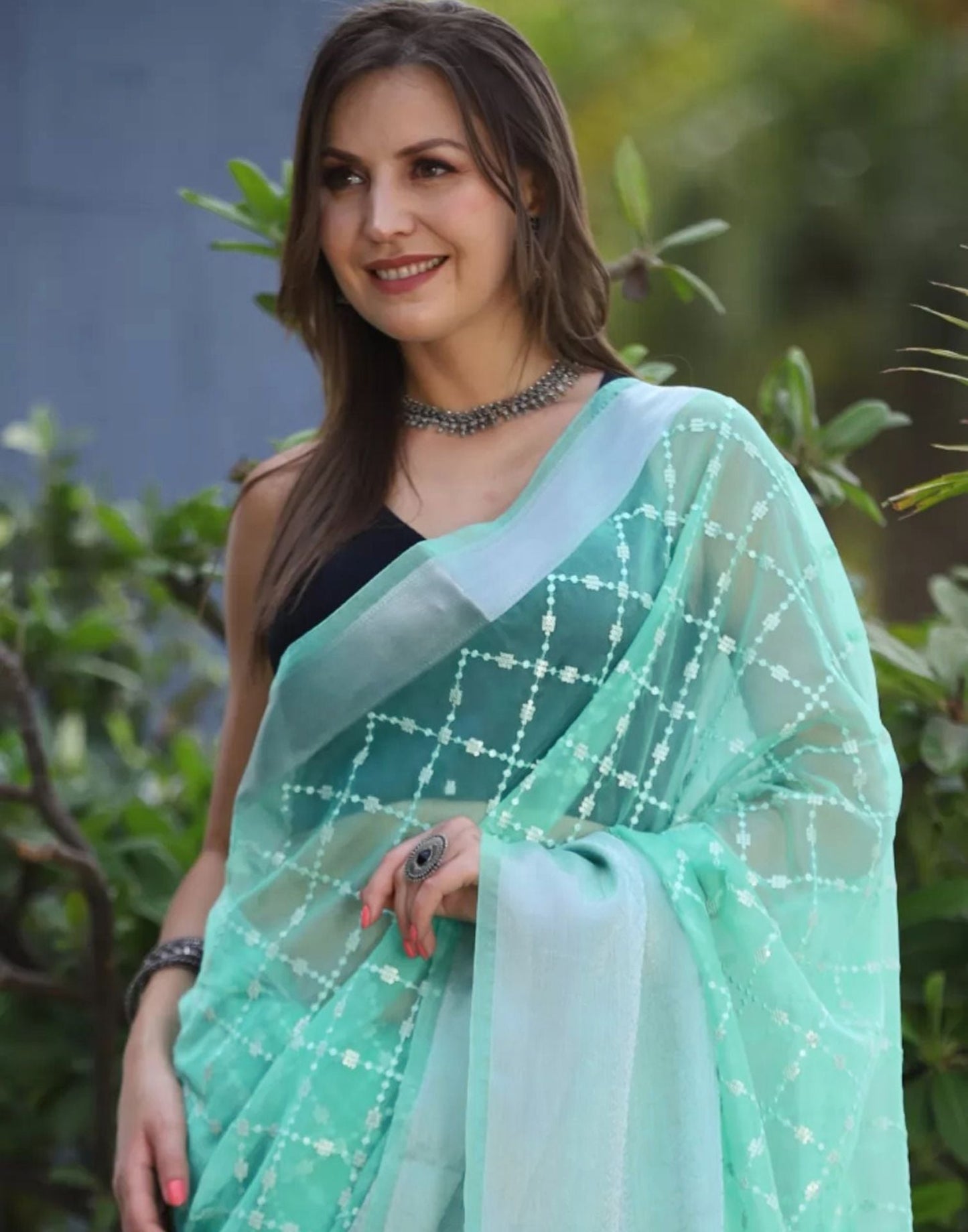 Turquoise Organza Sequence Saree | Leemboodi