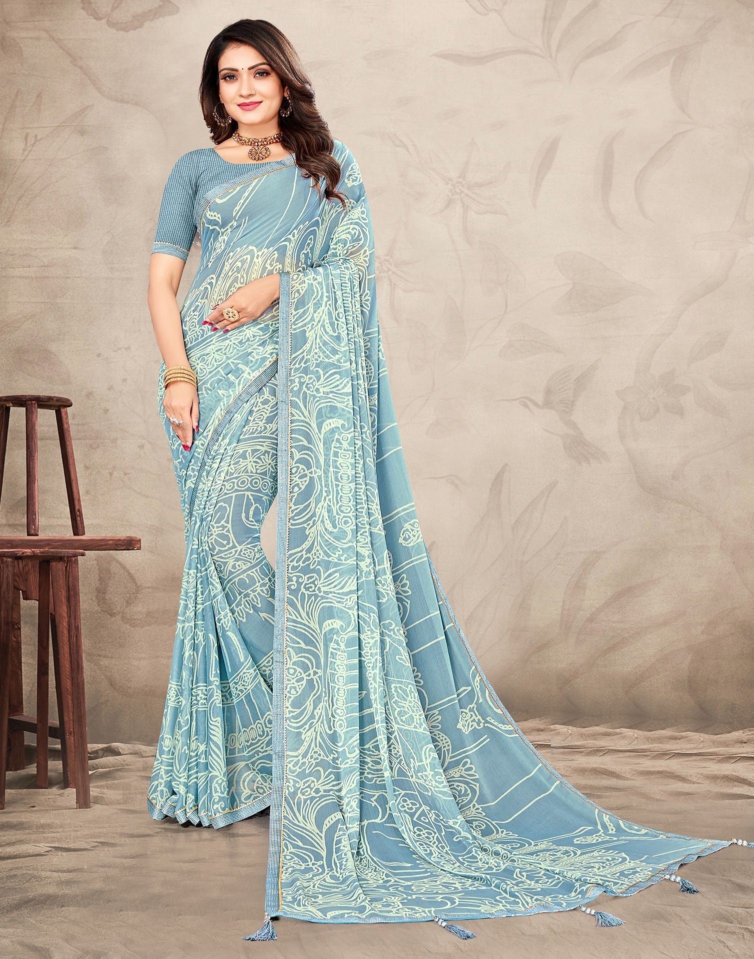 Light Blue Chiffon Printed Saree | Sudathi