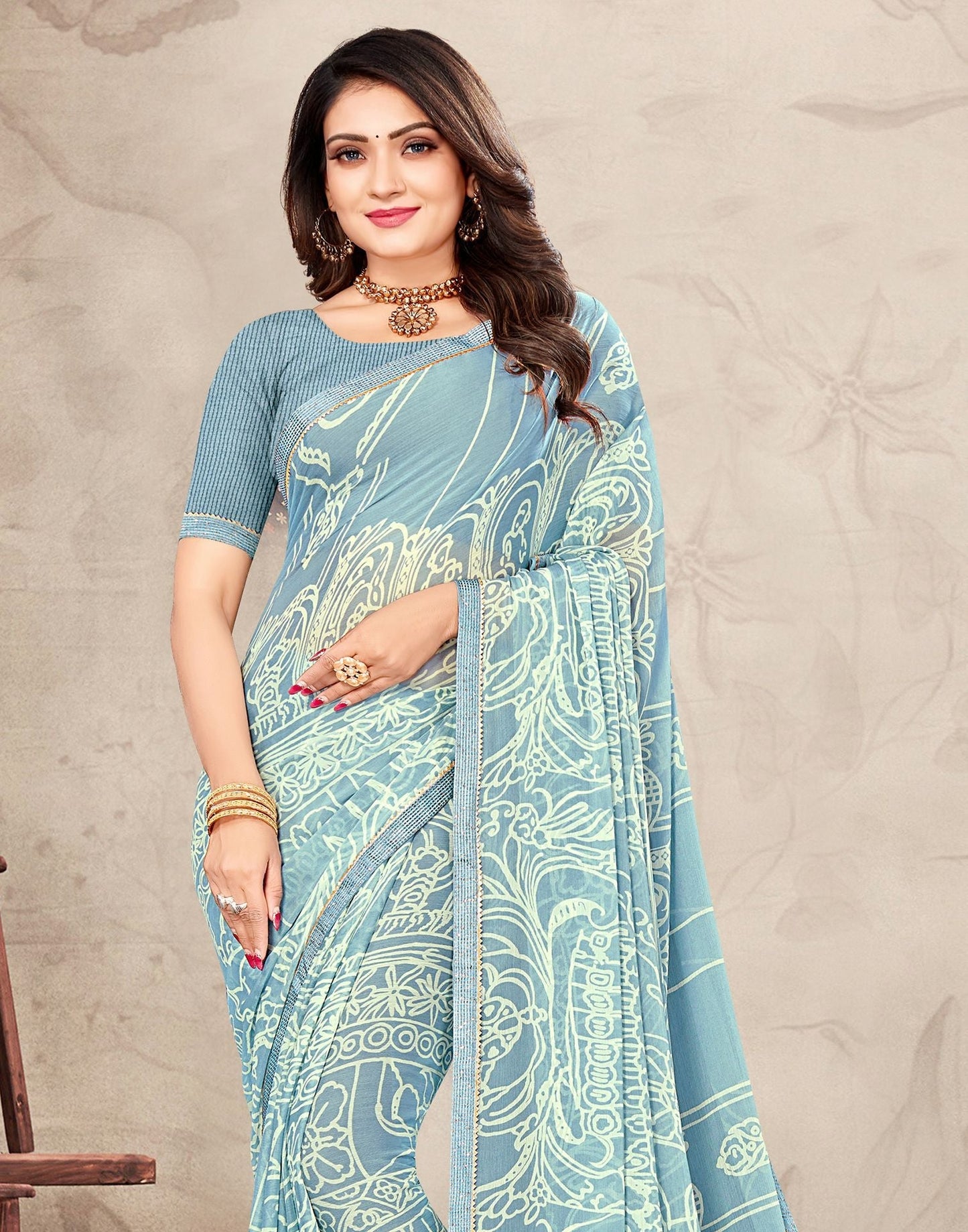 Light Blue Chiffon Printed Saree | Sudathi