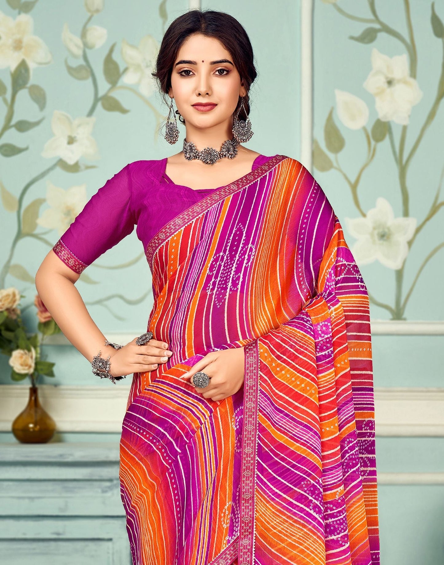Multicoloured Chiffon Bandhani Saree | Sudathi