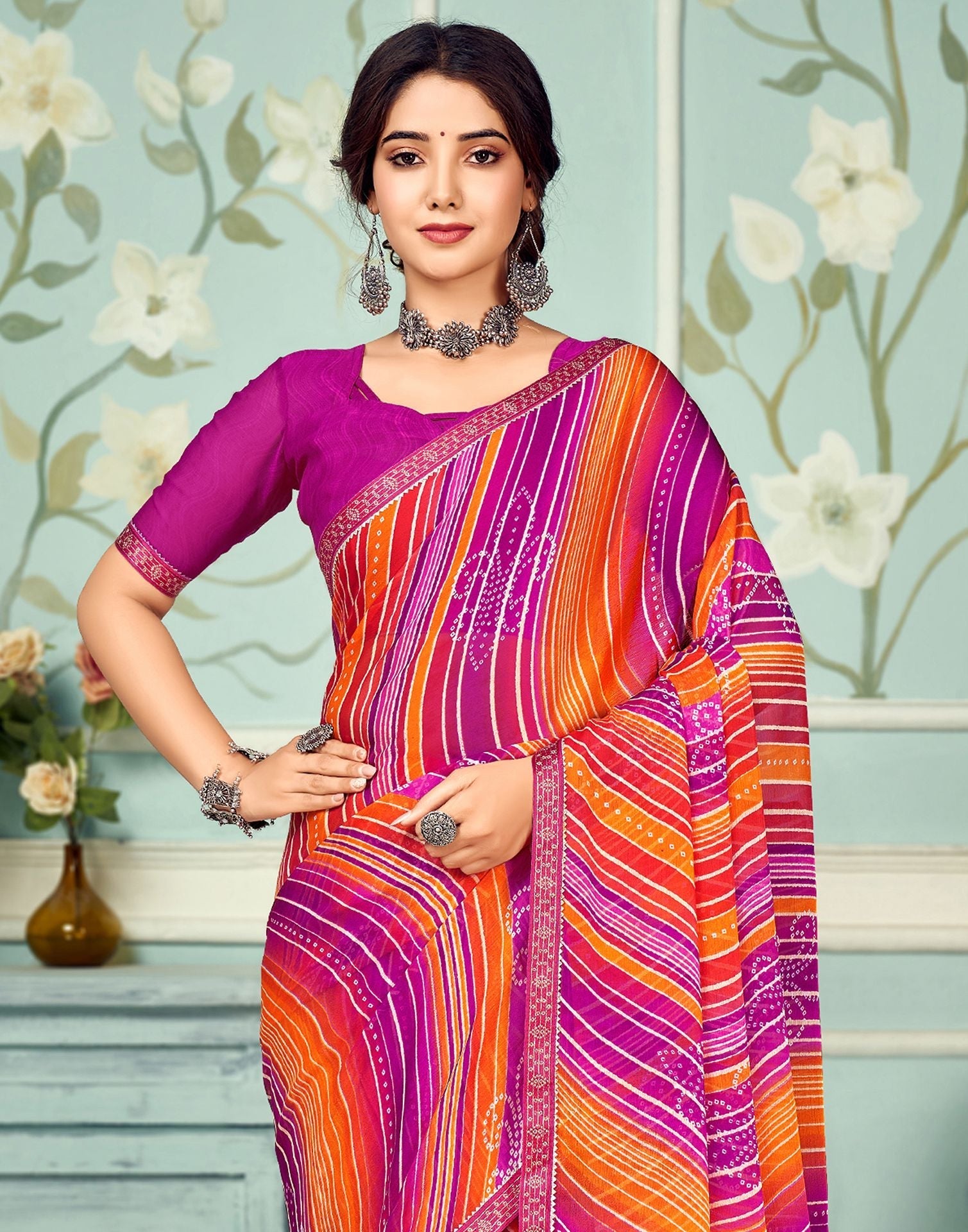 Multicoloured Chiffon Bandhani Saree | Sudathi