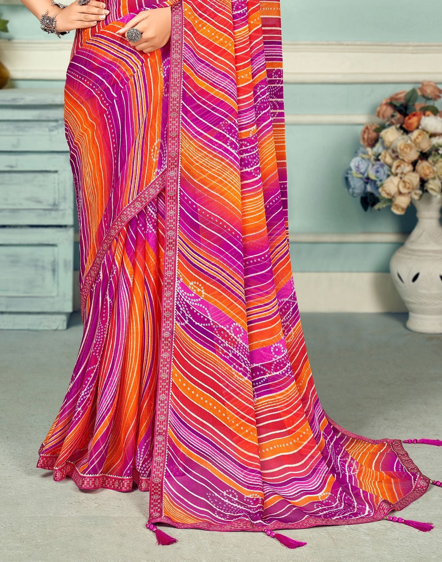 Multicoloured Chiffon Bandhani Saree | Sudathi