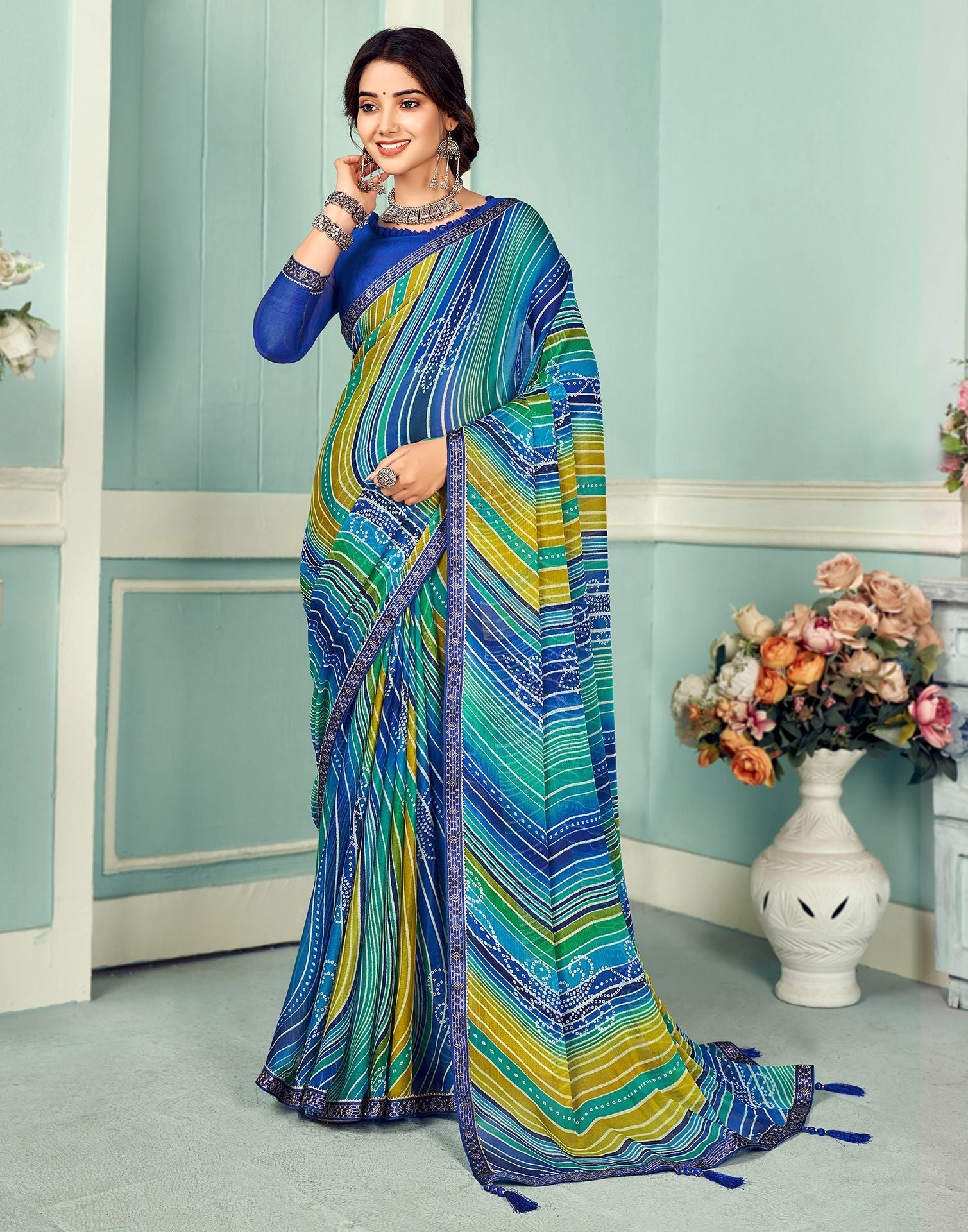 Multicoloured Chiffon Bandhani Saree | Sudathi