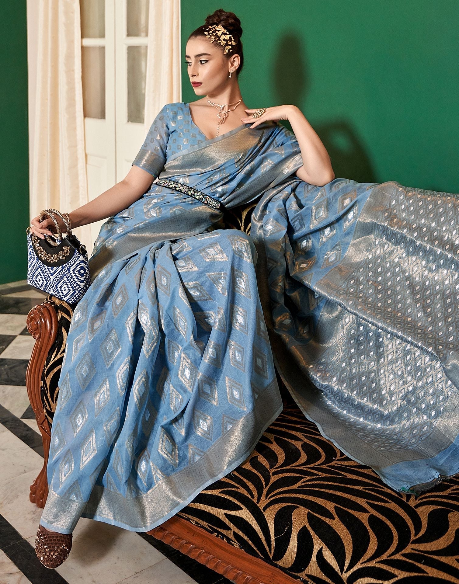 Light Blue Cotton Saree | Leemboodi