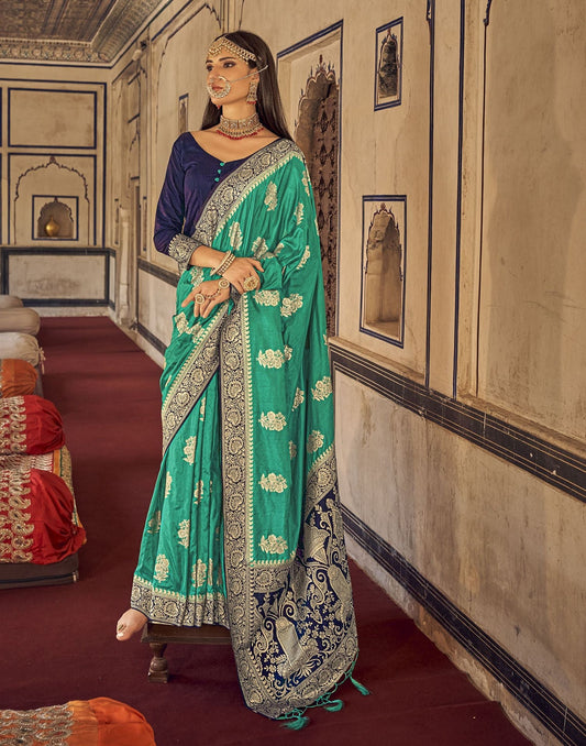 Rama Green Silk Banarasi Saree | Leemboodi