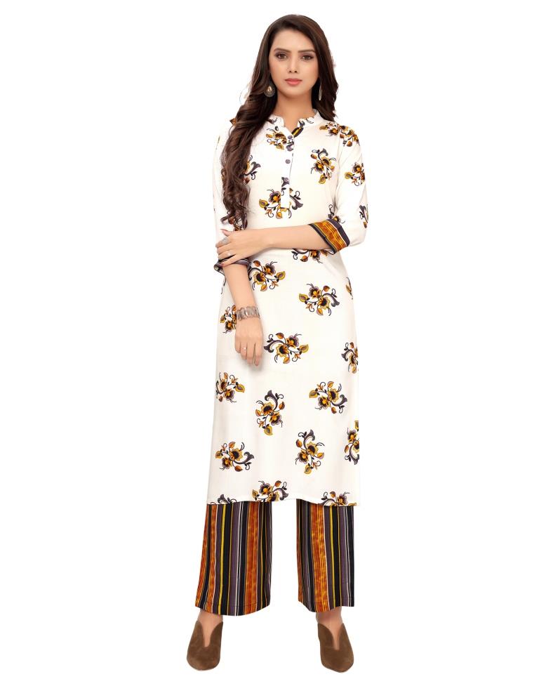 Off White Printed Rayon Kurti | Leemboodi