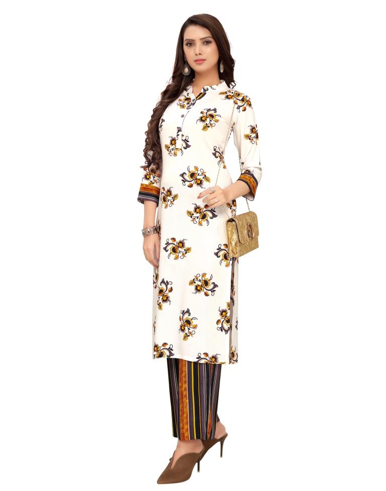 Off White Printed Rayon Kurti | Leemboodi