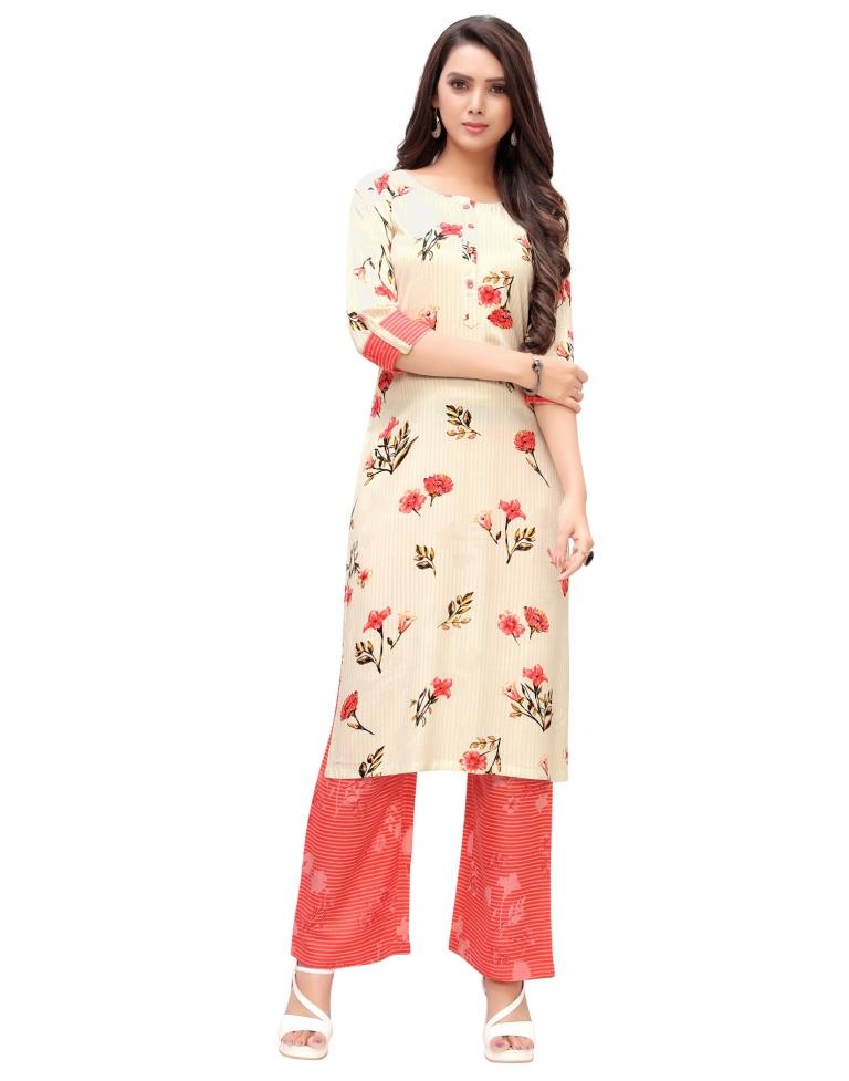 Beige Printed Rayon Kurti | Sudathi