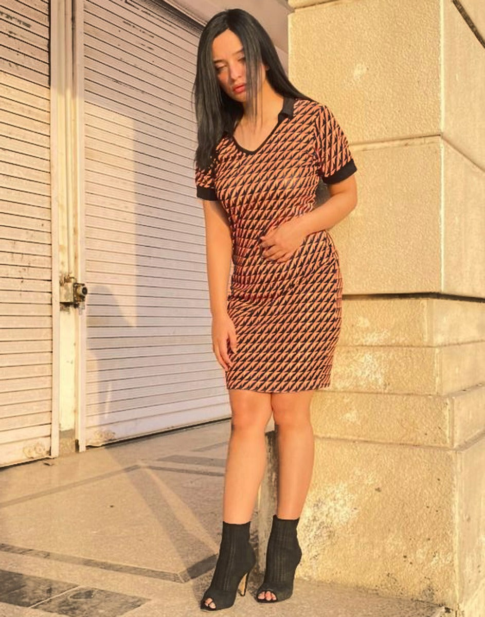 Peach Printed Bodycon Dress | Sudathi