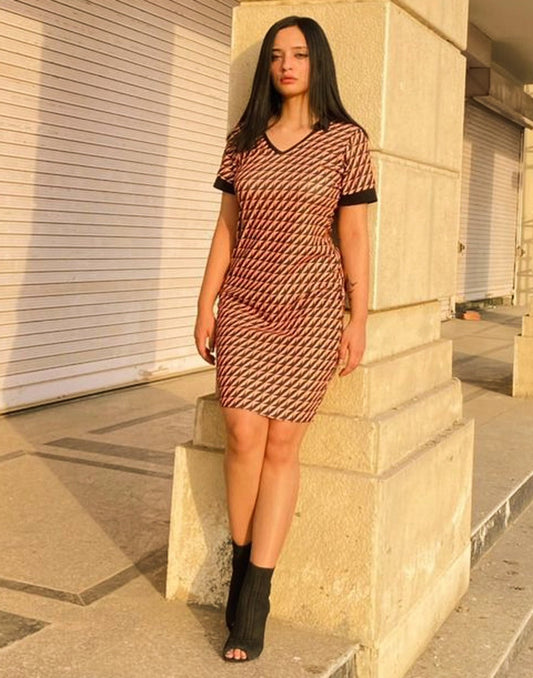 Peach Printed Bodycon Dress | Sudathi