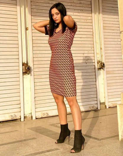 Peach Printed Bodycon Dress | Sudathi
