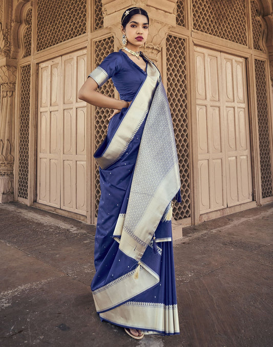 Navy Blue Silk Banarasi Saree | Leemboodi