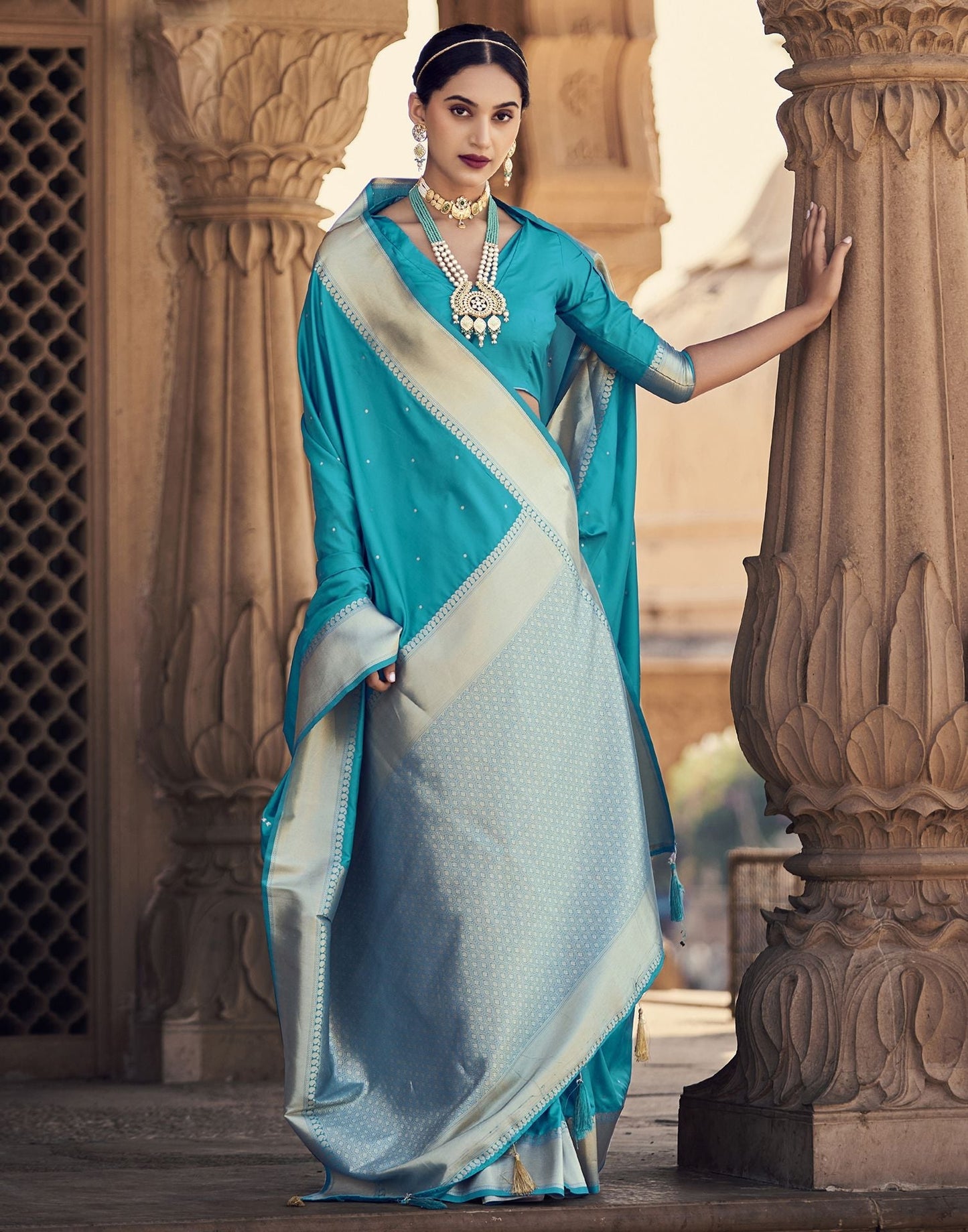 Turquoise Silk Banarasi Saree | Leemboodi