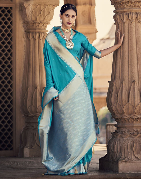 Turquoise Silk Banarasi Saree | Leemboodi
