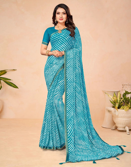 Teal Blue Chiffon Printed Saree | Leemboodi