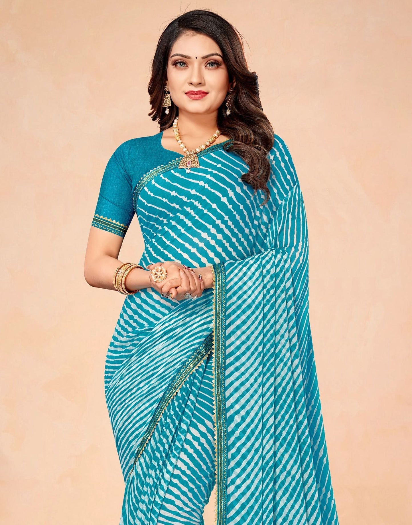 Teal Blue Chiffon Printed Saree | Leemboodi