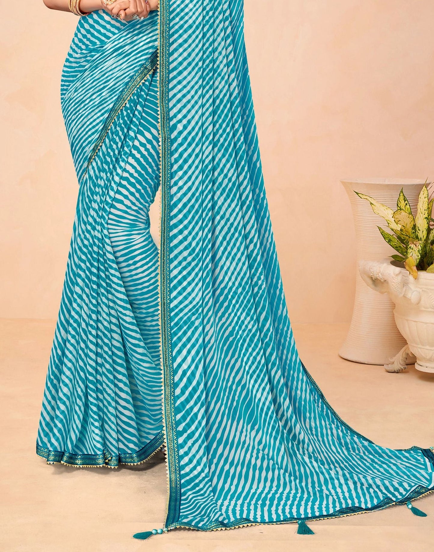 Teal Blue Chiffon Printed Saree | Leemboodi