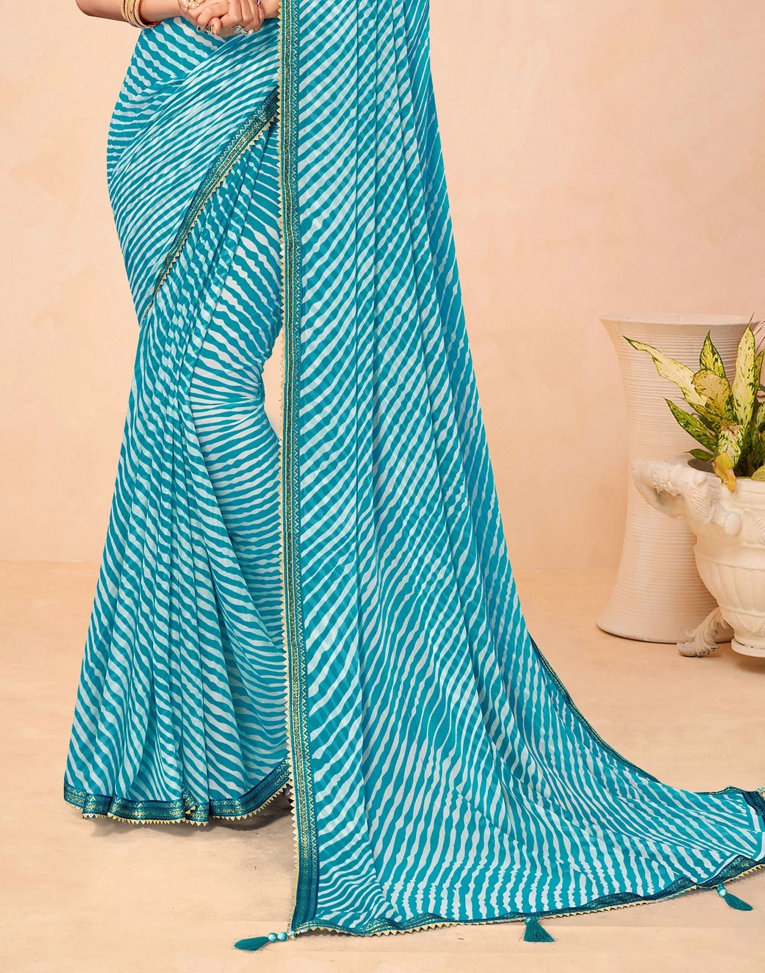 Teal Blue Chiffon Printed Saree | Leemboodi