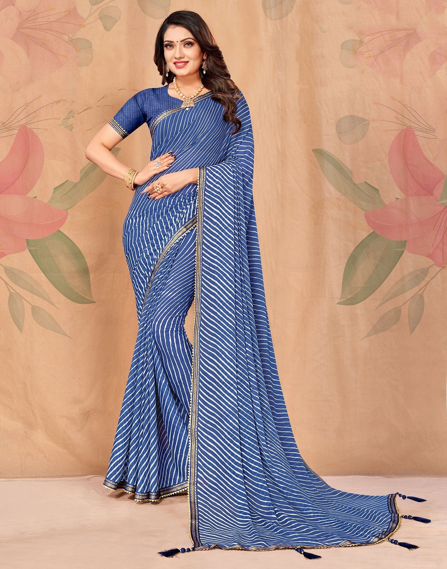 Navy Blue Chiffon Printed Saree | Leemboodi