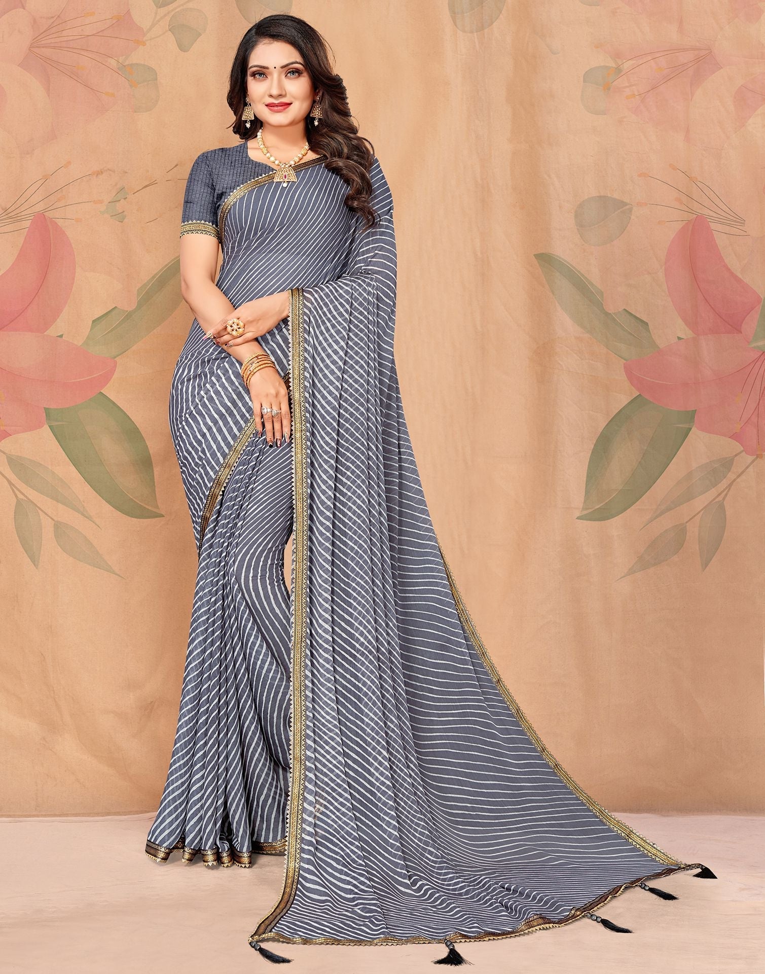 Grey Chiffon Printed Saree | Leemboodi