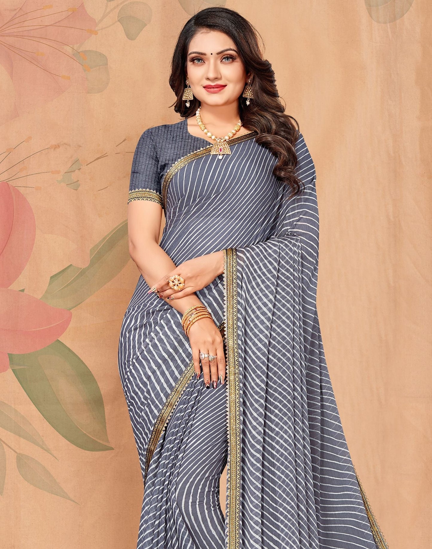 Grey Chiffon Printed Saree | Leemboodi