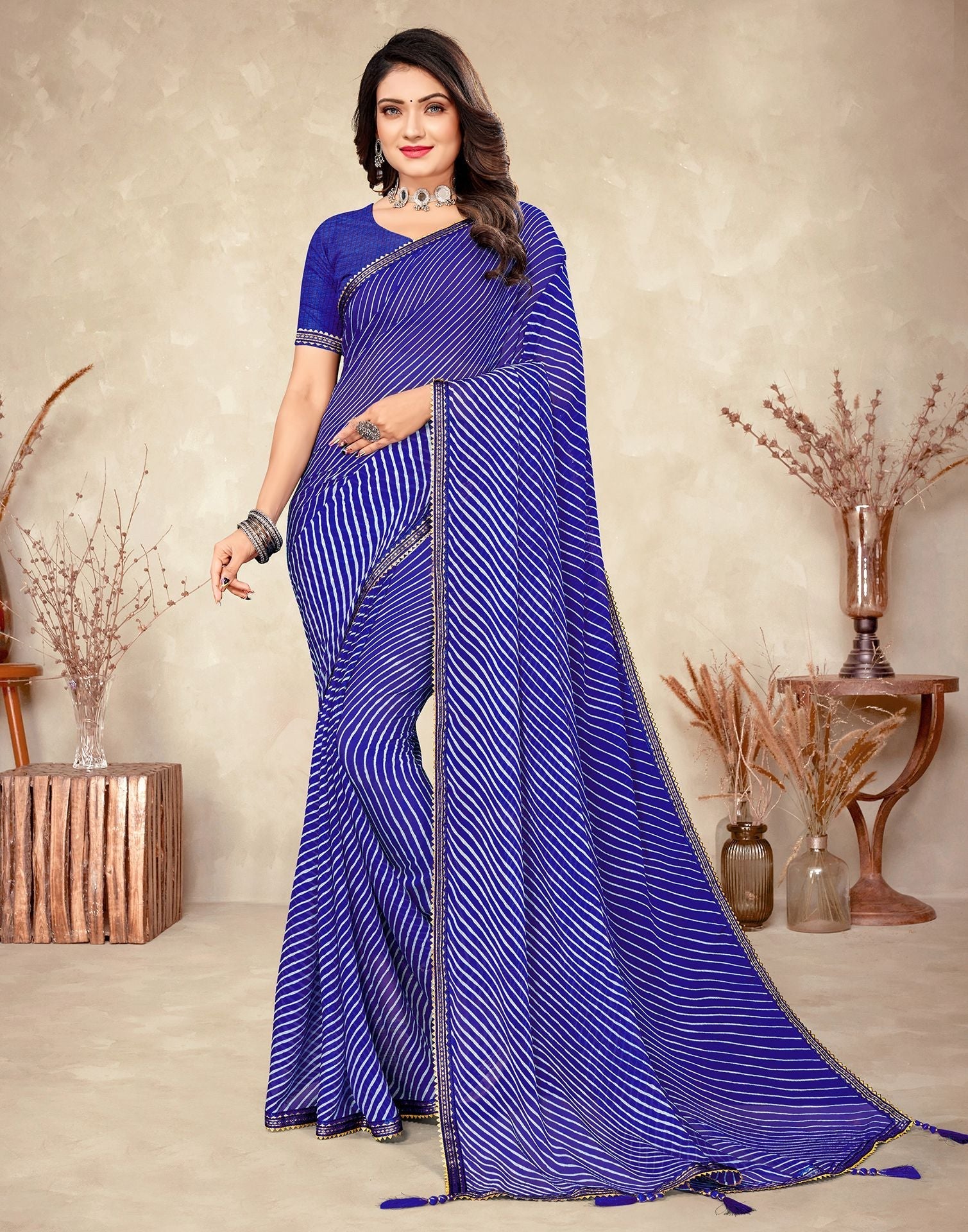 Royal Blue Chiffon Printed Saree | Leemboodi