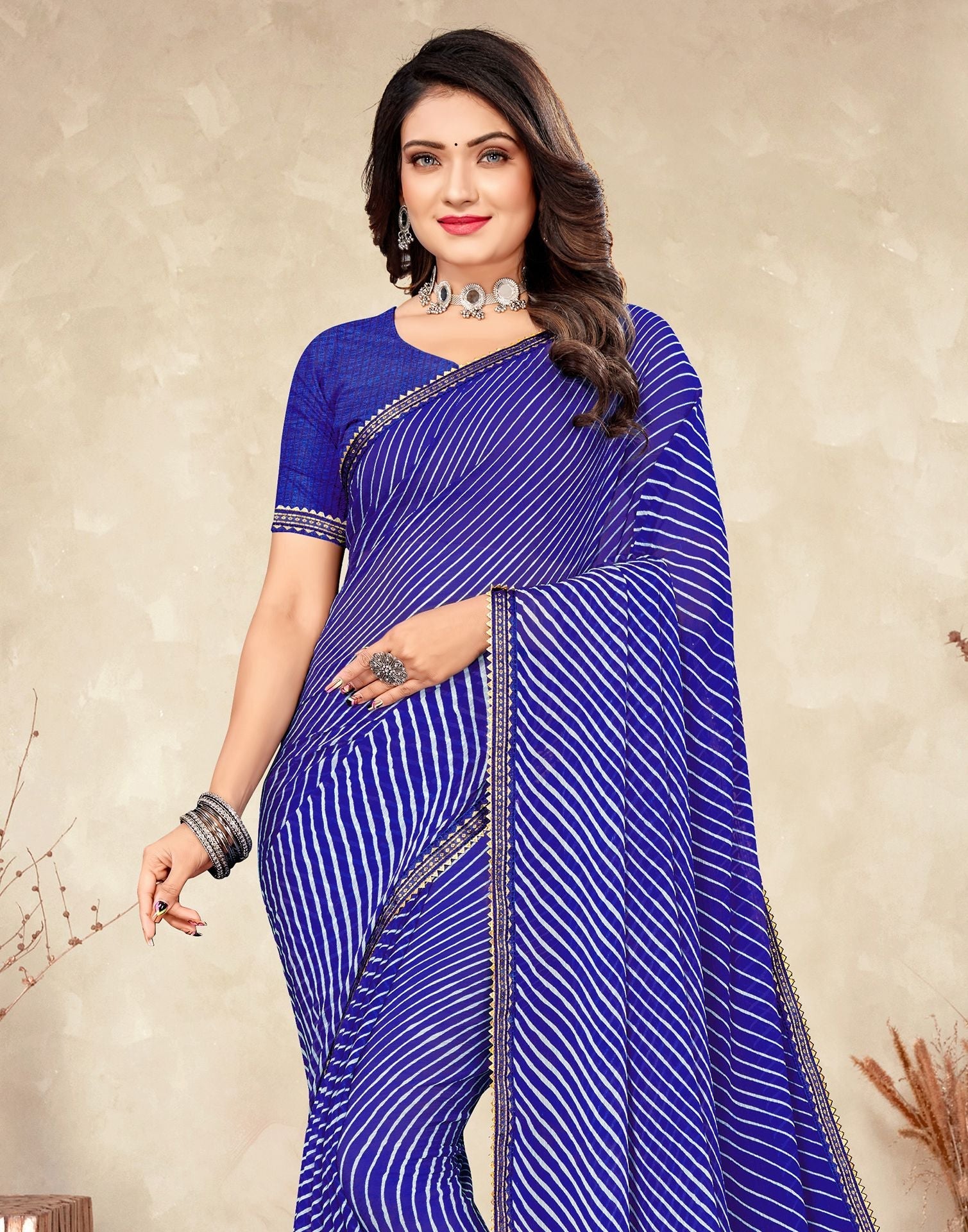 Royal Blue Chiffon Printed Saree | Leemboodi