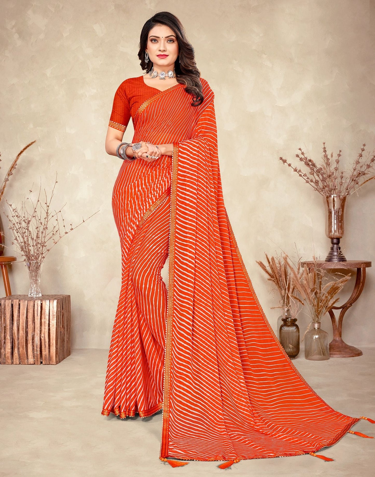 Orange Chiffon Printed Saree | Leemboodi